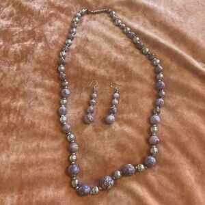 Silver & Dusty Rose Beaded Necklace and Earrings